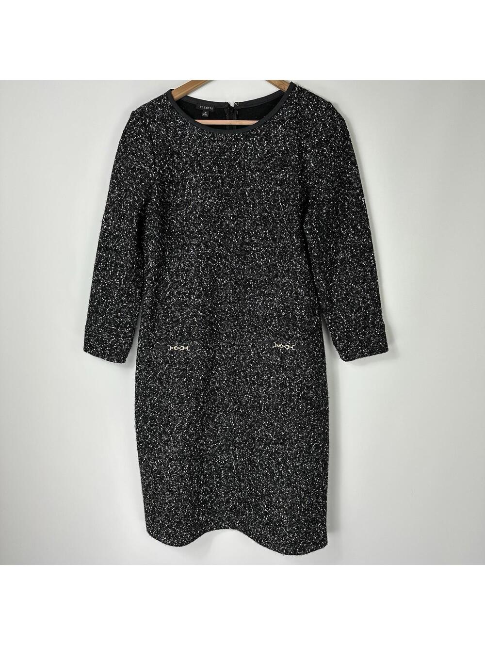 Talbots Shift Dress 10 Black Bouclé Knit Tweed 3/4 Sleeve Holiday Classic